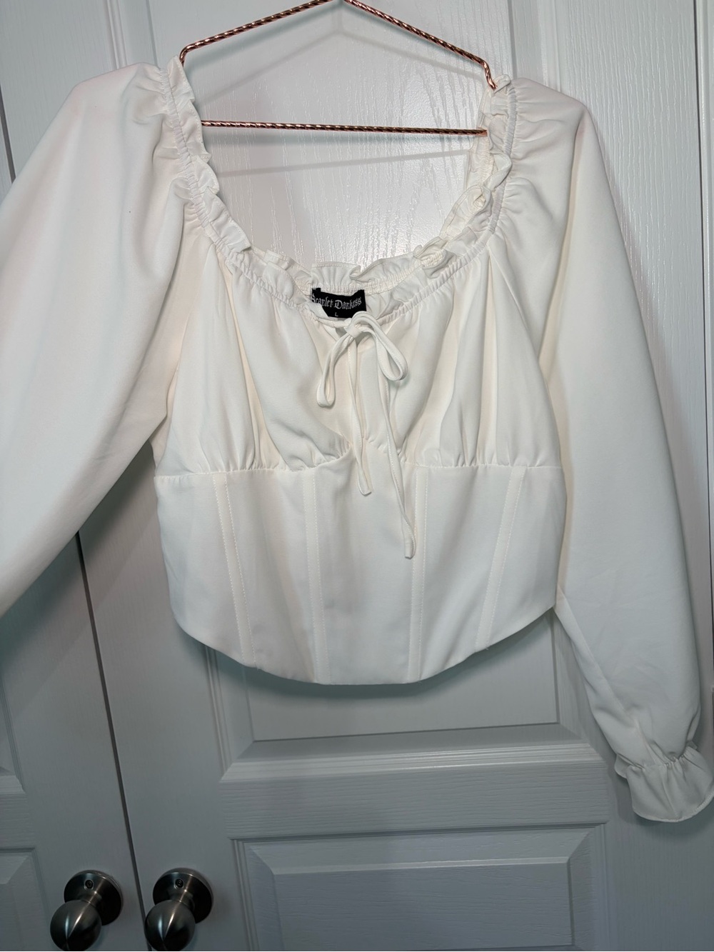 District White Ruffle-Neck Puff Sleeve Crop Top